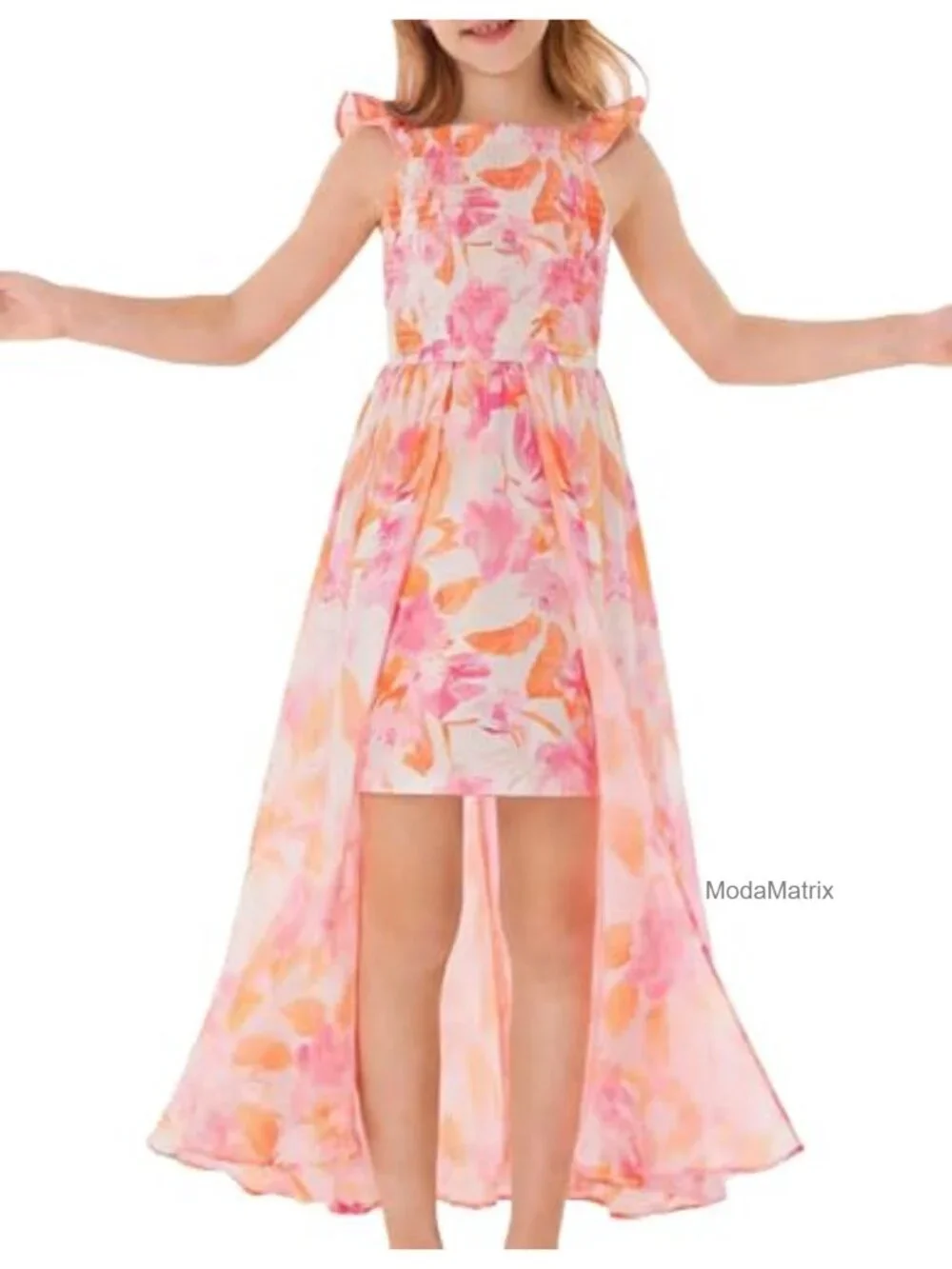 Girls Hawaiian Floral Smocked Dress Square Neck Tie Back Tiered Maxi